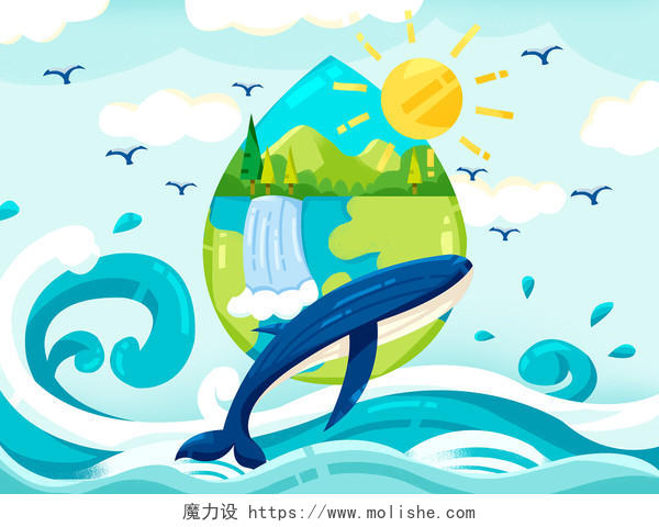 卡通世界水日环保节水原创插画